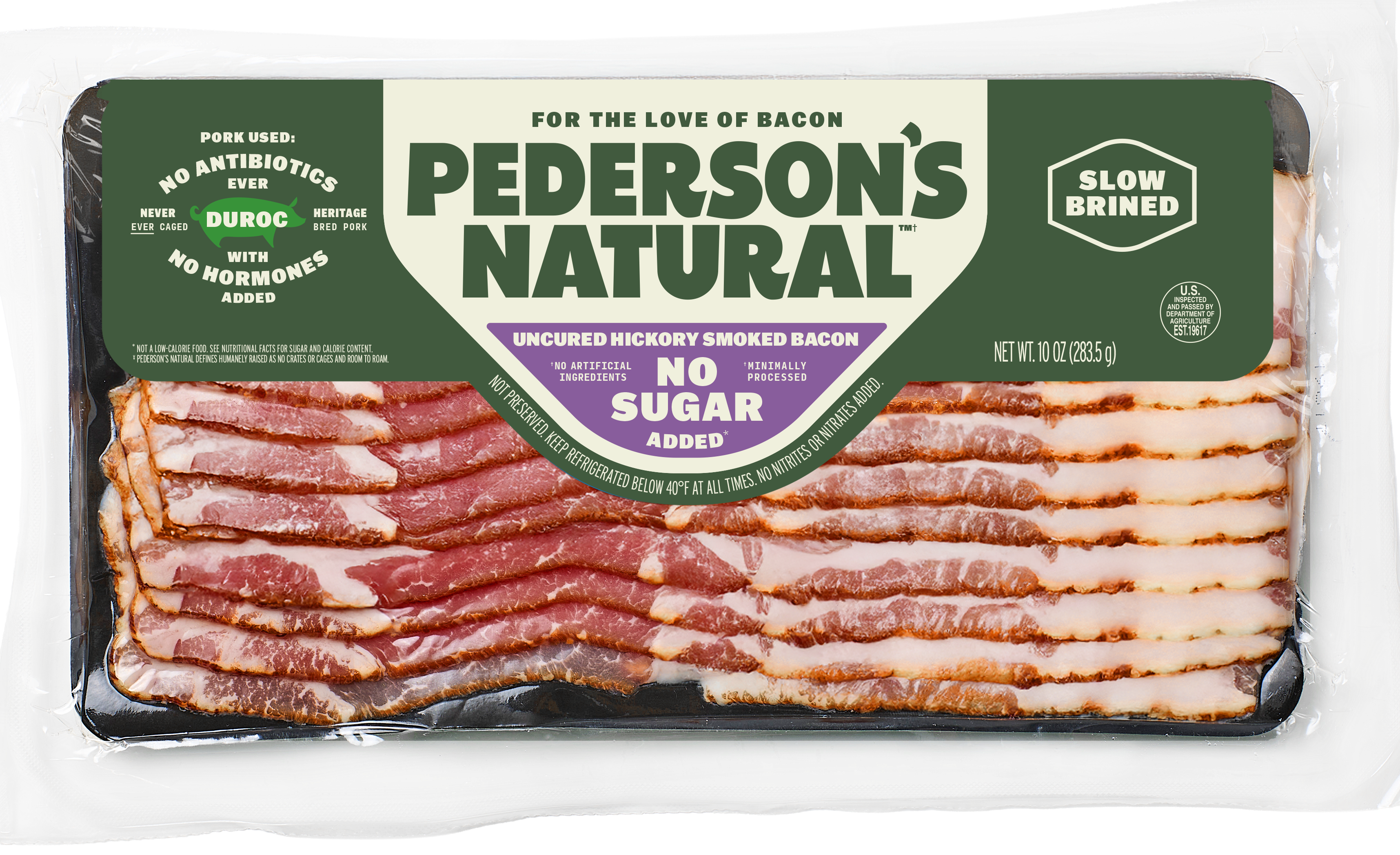 A package of Pederson's Natural Uncured Hickory Smoked Bacon, showing multiple slices of raw bacon in a clear plastic packaging with a green and white label.