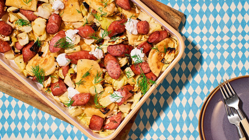 CRISPY KIELBASA AND PIEROGI SHEET PAN DINNER