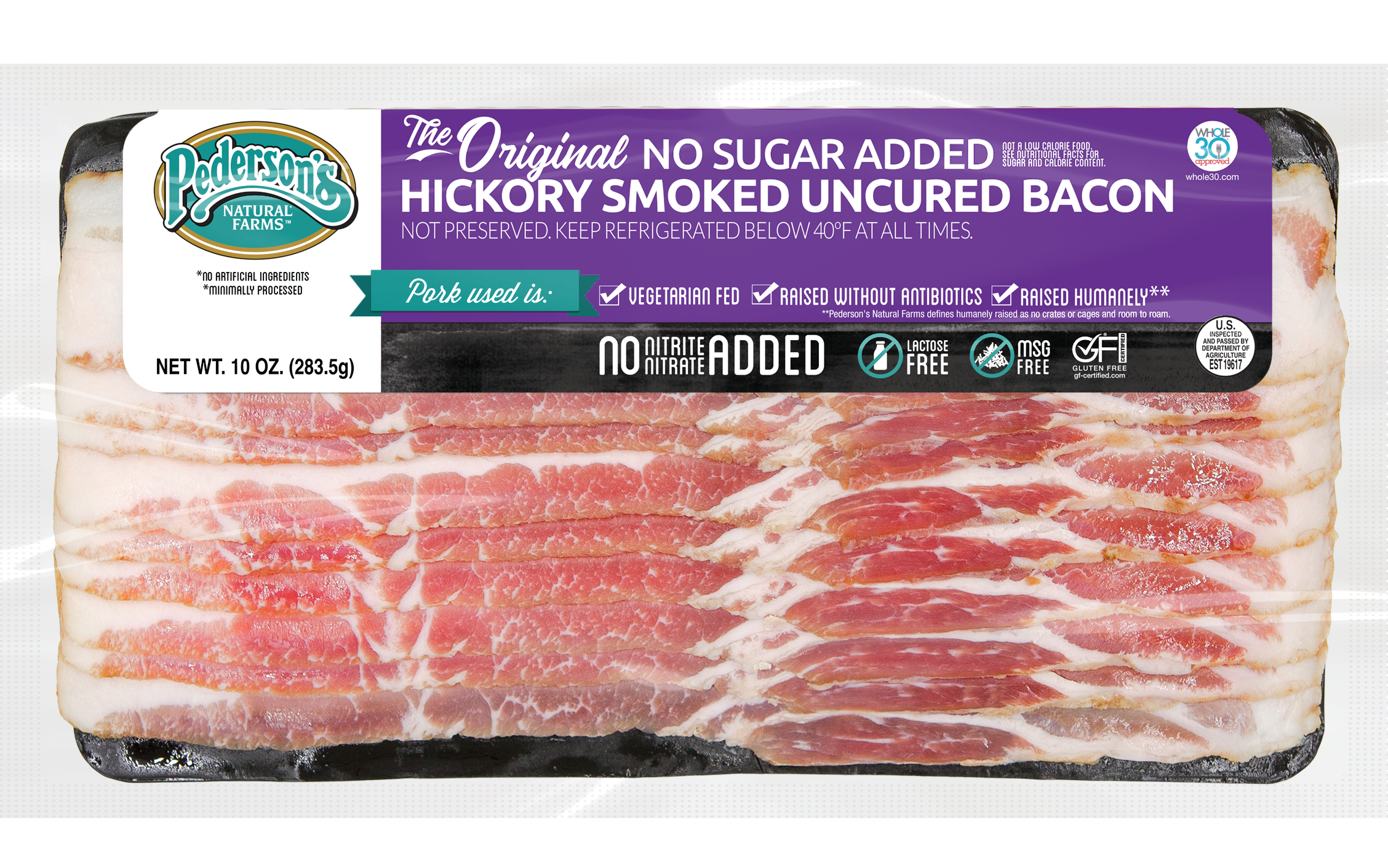 A 10 oz package of Pedersen's Pork Hickory Smoked Uncured Bacon on a clean white background.