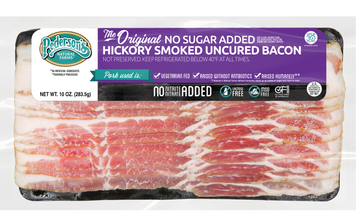 A 10 oz package of Pedersen's Pork Hickory Smoked Uncured Bacon on a clean white background.
