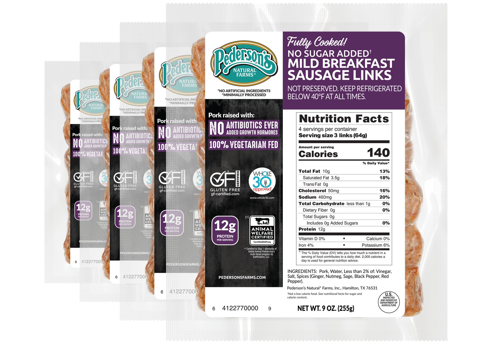 Four packages of Pederson's Mild Breakfast Sausage Links arranged in a fan shape on a transparant background, showing the front labels.