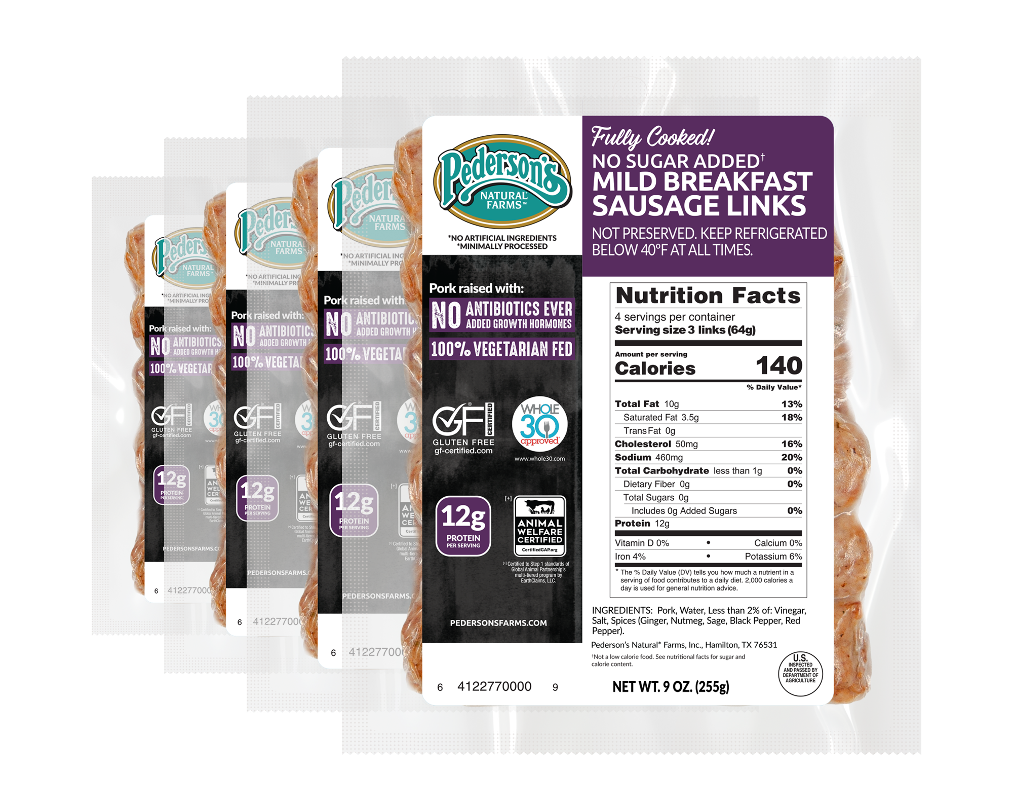 Four packages of Pederson's Mild Breakfast Sausage Links arranged in a fan shape on a transparant background, showing the front labels.