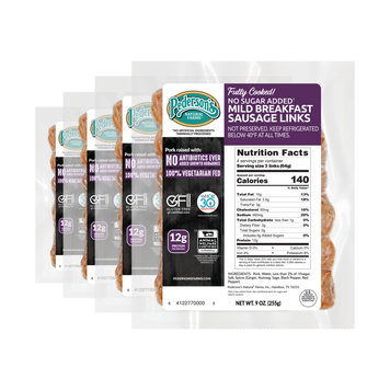 Four packages of Pederson's Mild Breakfast Sausage Links arranged in a fan shape on a transparant background, showing the front labels.