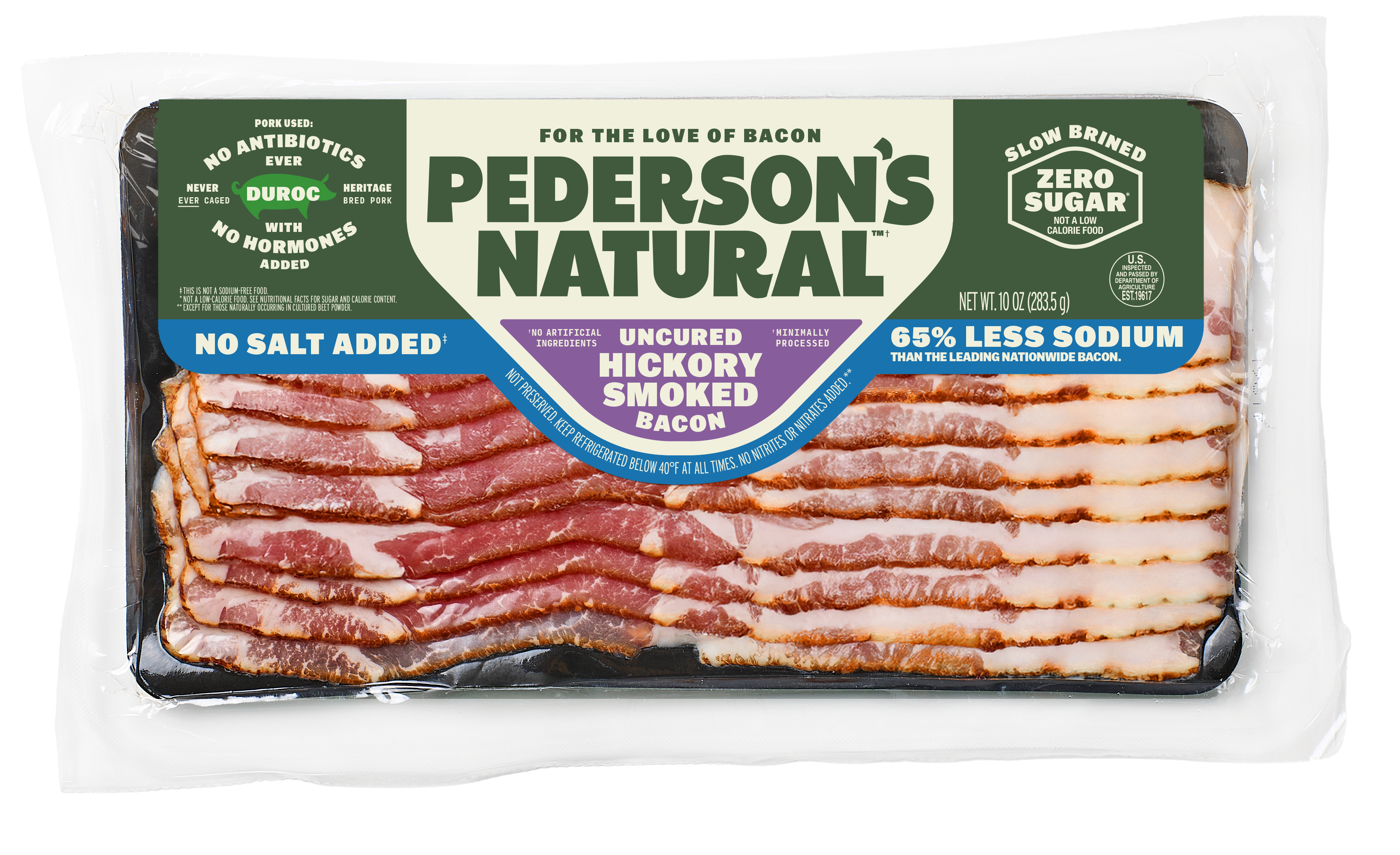 A package of Pederson's Natural Uncured Hickory Smoked Bacon, showing multiple slices of raw bacon arranged on a black tray inside a clear plastic vacuum bag. The packaging features a label with green, white, and blue sections.