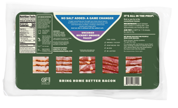 Packaged raw bacon in a clear plastic bag with a large green and white product information label. The label includes nutrition facts, preparation instructions, and several small cutouts showing raw bacon inside packaging.