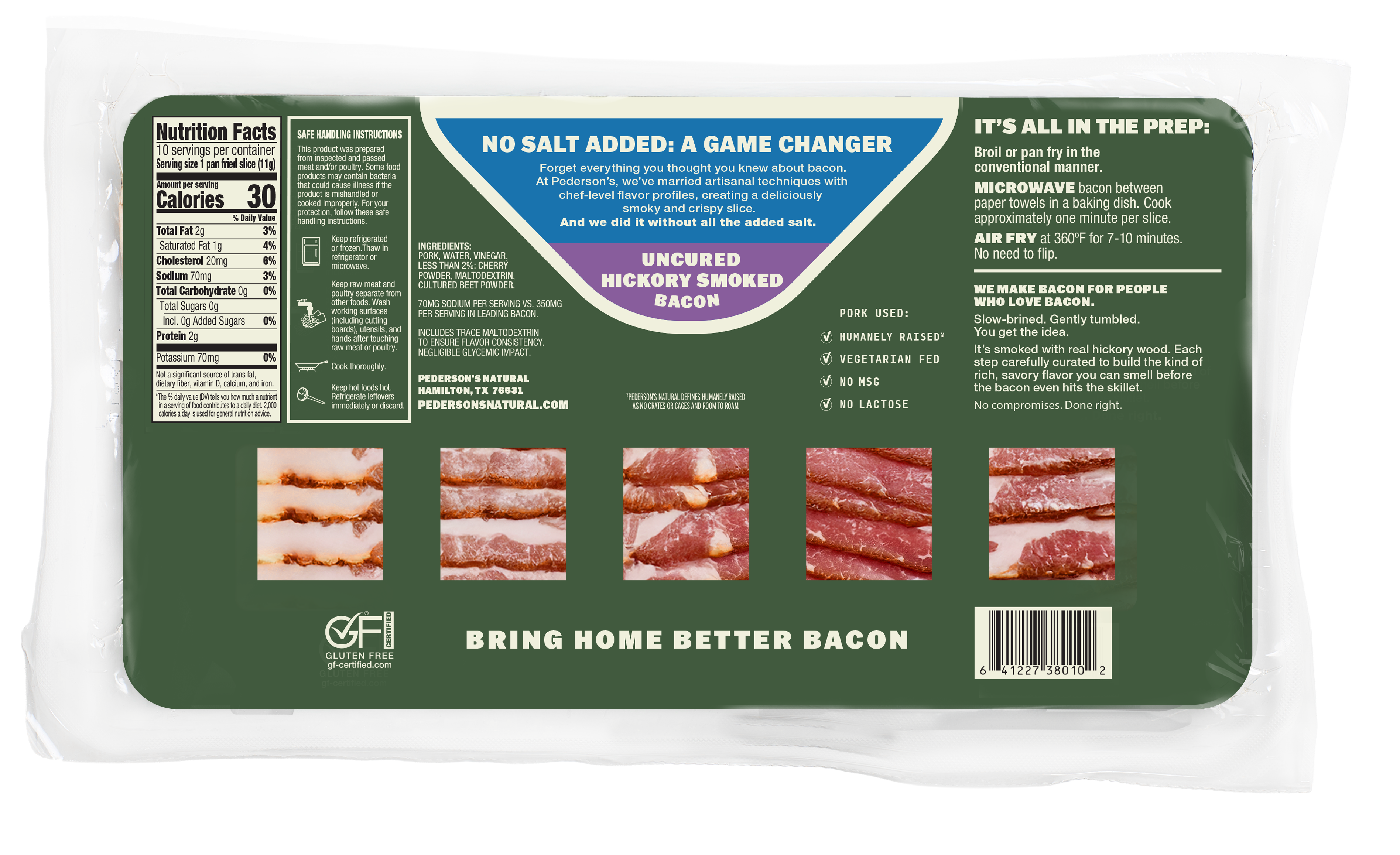 Packaged raw bacon in a clear plastic bag with a large green and white product information label. The label includes nutrition facts, preparation instructions, and several small cutouts showing raw bacon inside packaging.