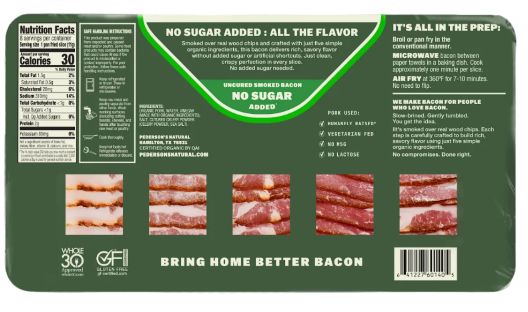 back view of the no sugar organic bacon package