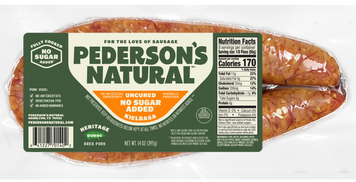 Pederson's Natural No Sugar Uncured Kielbasa in a clear plastic vacuum-sealed package with a green and white label.