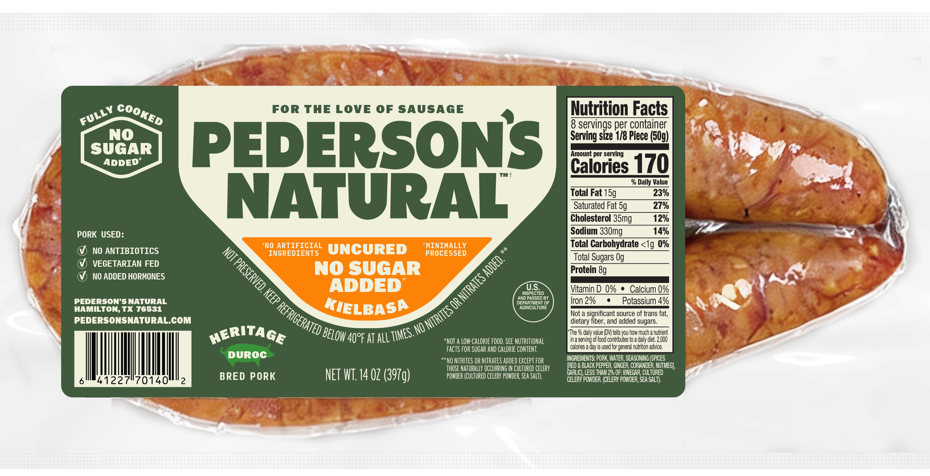 Pederson's Natural No Sugar Uncured Kielbasa in a clear plastic vacuum-sealed package with a green and white label.