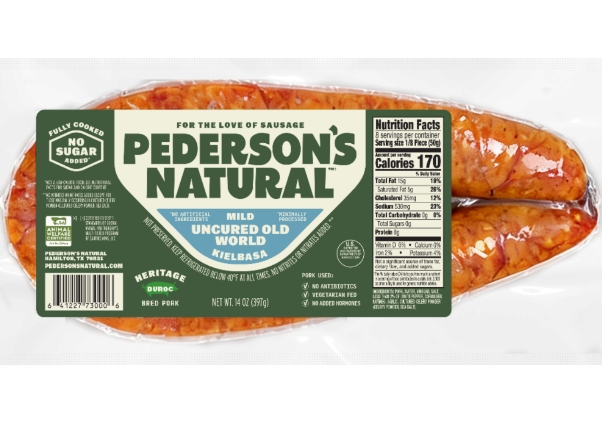 A package of Pederson's Natural Old World Kielbasa, showing the green and white label with product details on a clean white background.