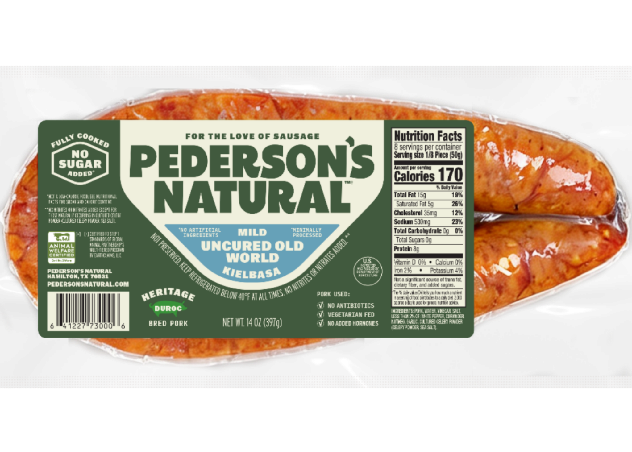 A package of Pederson's Natural Old World Kielbasa, showing the green and white label with product details on a clean white background.