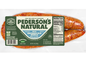 A package of Pederson's Natural Old World Kielbasa, showing the green and white label with product details on a clean white background.