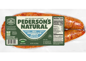 A package of Pederson's Natural Old World Kielbasa, showing the green and white label with product details on a clean white background.