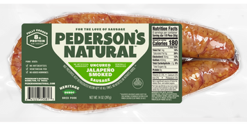A package of Pederson's Natural Uncured Jalapeño Sausage on a plain white background.