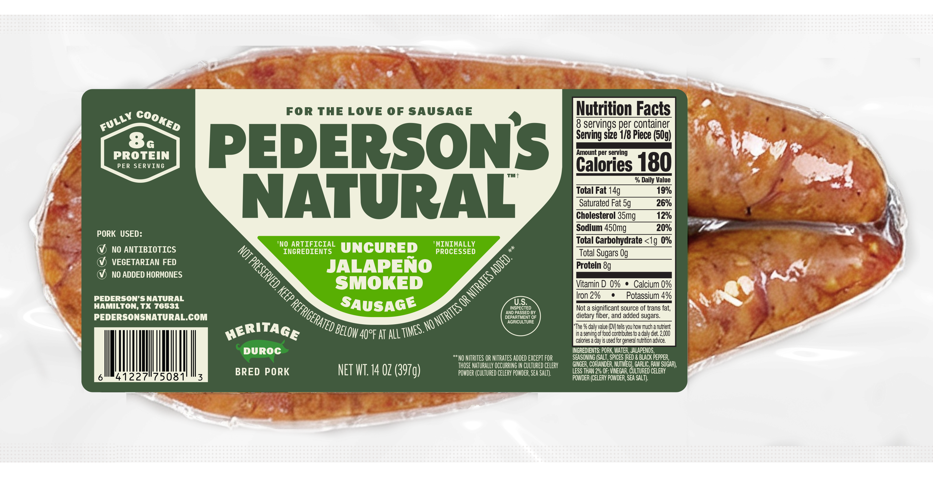 A package of Pederson's Natural Uncured Jalapeño Sausage on a plain white background.