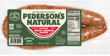 A package of Pederson's Natural Sweet German smoked rope sausage, shown in clear plastic packaging with a green and white label.