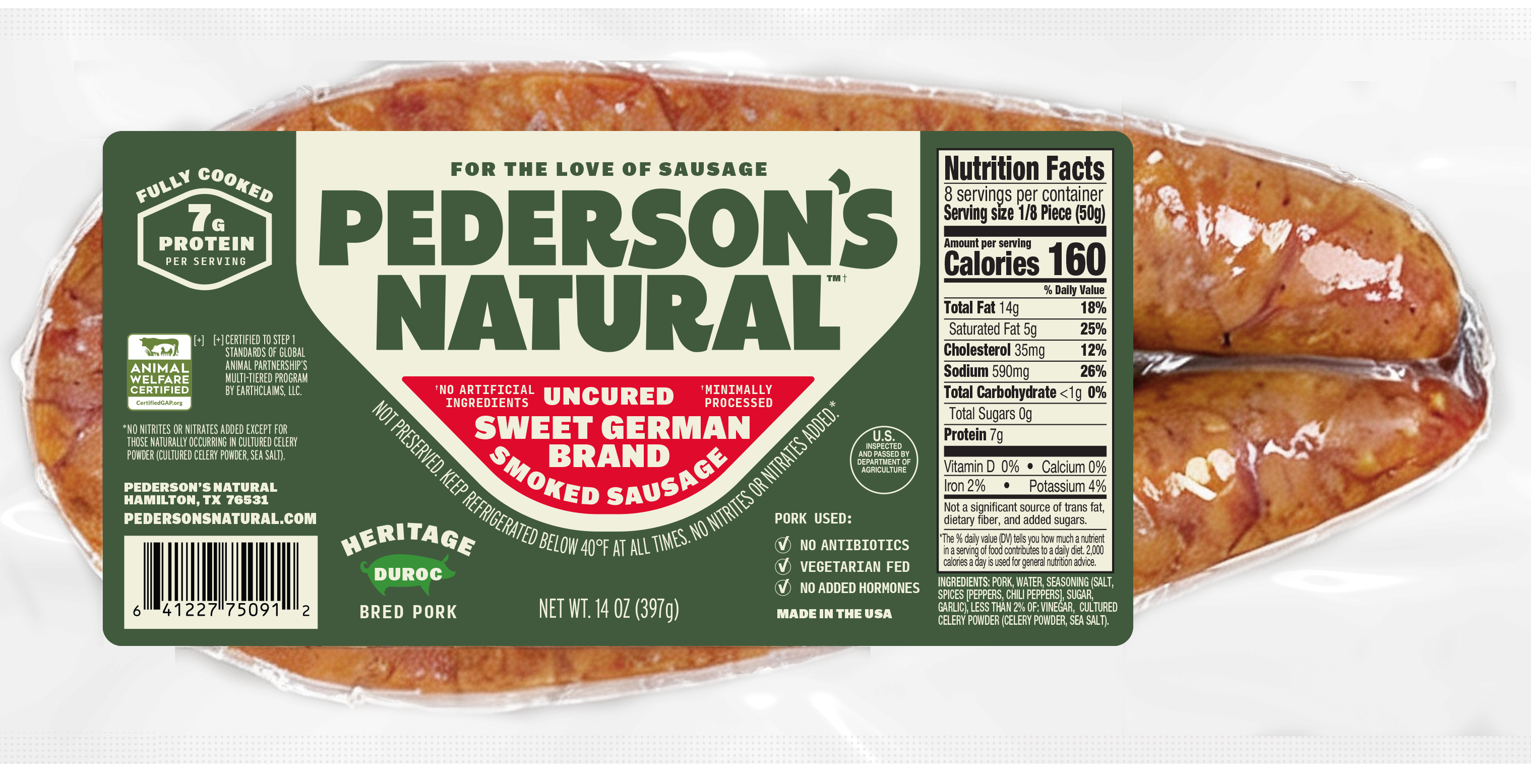 A package of Pederson's Natural Sweet German smoked rope sausage, shown in clear plastic packaging with a green and white label.