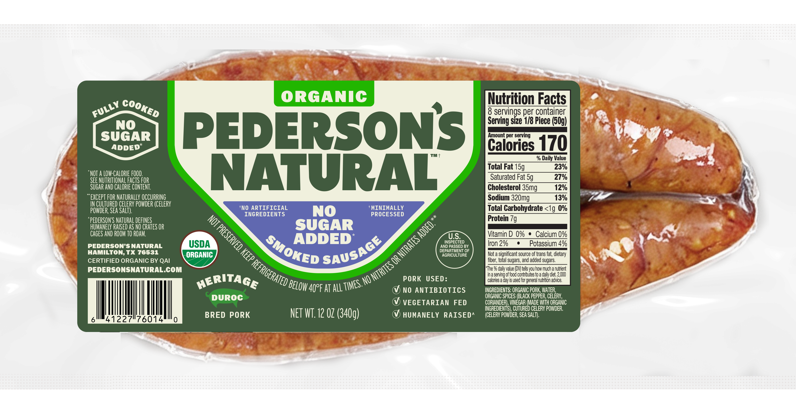 A package of Pederson's Natural Organic No Sugar Added Smoked Savory Pork Sausage on a clean white background.