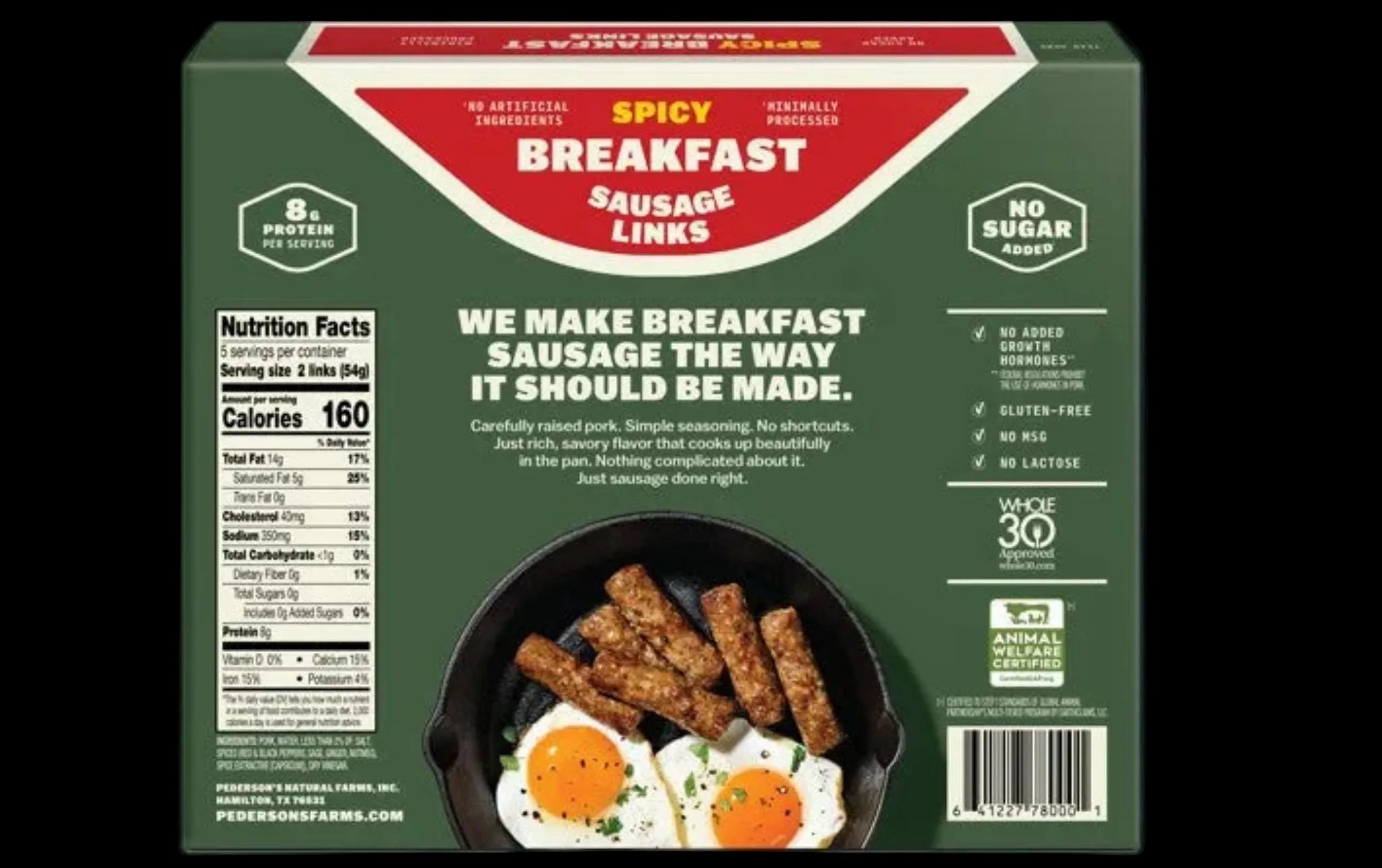 back facing package of Pederson's Natural Spicy Breakfast Sausage Links, showing a dark green box with a red product detail banner, product claims, nutrition facts, and a photo of sausage links with eggs on the front.
