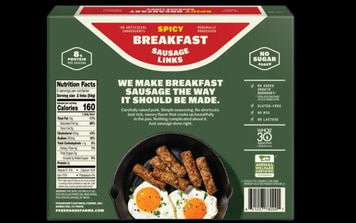 back facing package of Pederson's Natural Spicy Breakfast Sausage Links, showing a dark green box with a red product detail banner, product claims, nutrition facts, and a photo of sausage links with eggs on the front.