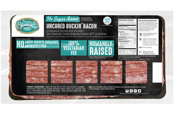 Uncured Buckin' Bacon package image featuring the bacon in the package and a black, teal, and white label 
