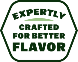 A green and white hexagonal graphic with the text 'EXPERTLY CRAFTED FOR BETTER FLAVOR' in dark green lettering.