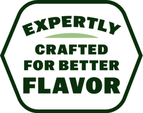 A green and white hexagonal graphic with the text 'EXPERTLY CRAFTED FOR BETTER FLAVOR' in dark green lettering.