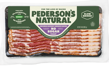 A package of Pederson's Natural Uncured Hickory Smoked Bacon, showing multiple slices of raw bacon in a clear plastic packaging with a green and white label.