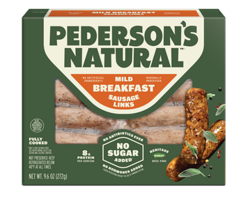 A box of Pederson's Natural Mild Breakfast Sausage Links on a plain background. The packaging is dark green and cream with orange accents, showing a clear window with the links inside and an illustration of cooked sausage links with herbs on the front.