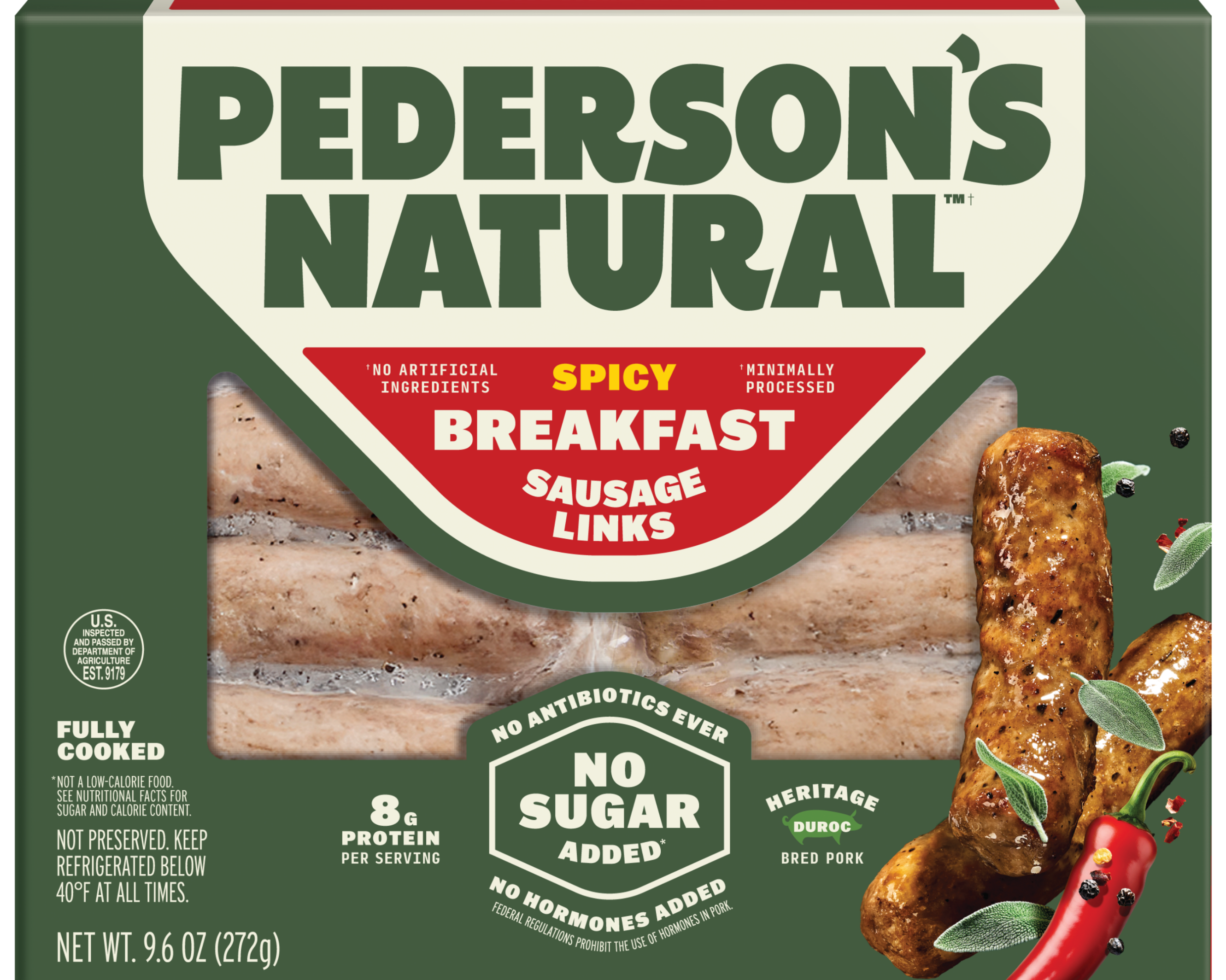 A box of Pederson's Natural Spicy Breakfast Sausage Links, featuring a dark green and red package design with an image of cooked sausage links and peppers.