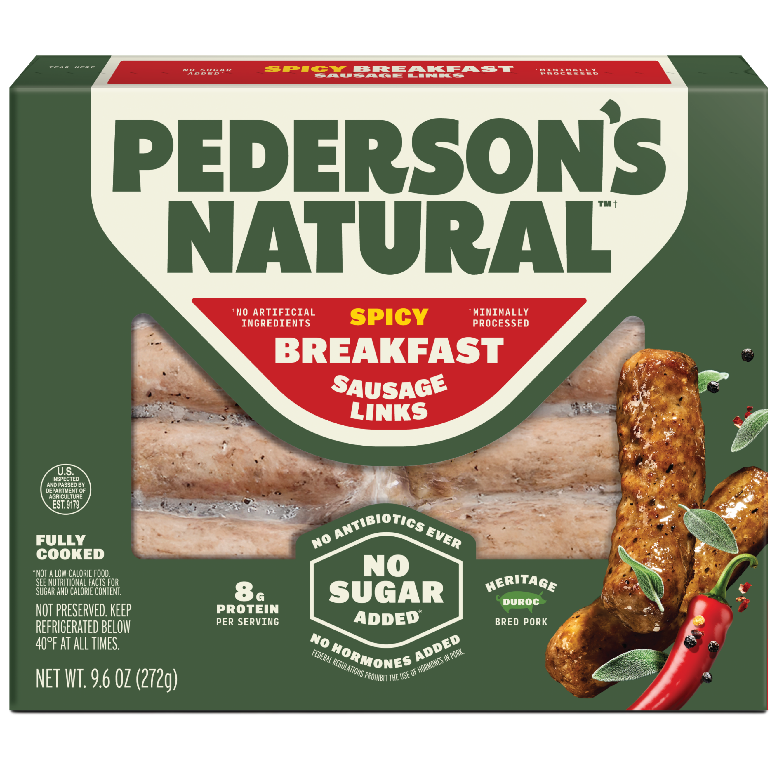A box of Pederson's Natural Spicy Breakfast Sausage Links, featuring a dark green and red package design with an image of cooked sausage links and peppers.