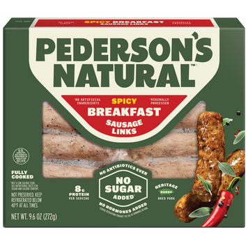A box of Pederson's Natural Spicy Breakfast Sausage Links, featuring a dark green and red package design with an image of cooked sausage links and peppers.