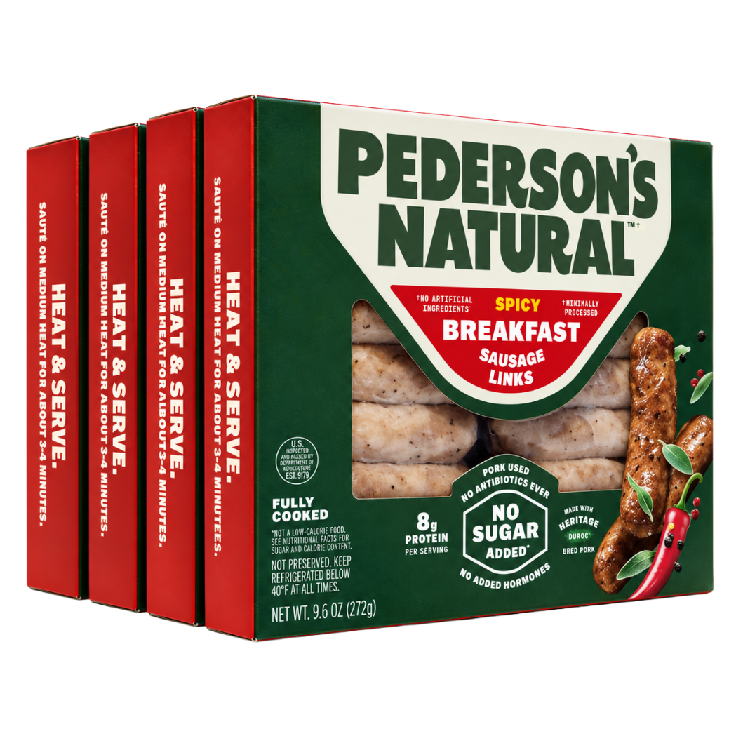 Four boxes of Pederson's Natural Spicy Breakfast Sausage Links arranged in a stack.