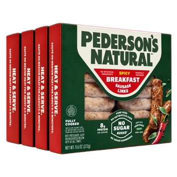 Four boxes of Pederson's Natural Spicy Breakfast Sausage Links arranged in a stack.