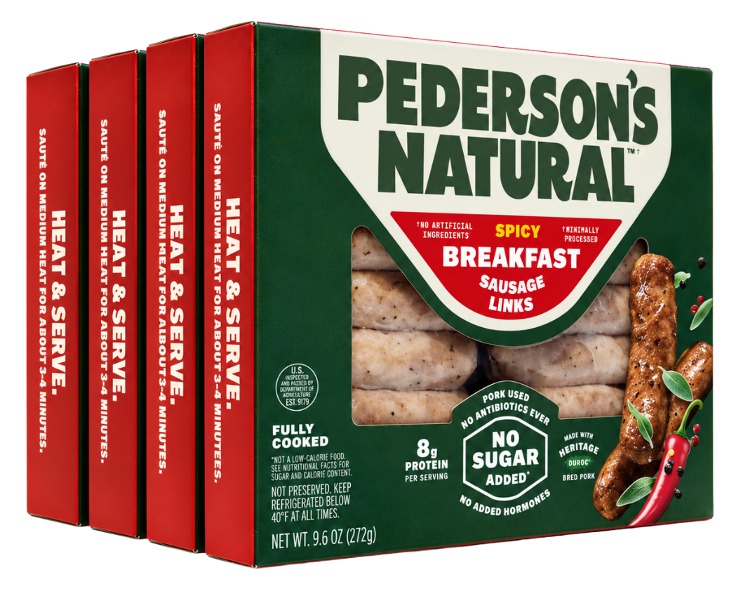 Four boxes of Pederson's Natural Spicy Breakfast Sausage Links arranged in a stack.