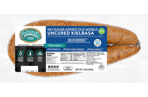 A package of No Sugar Added Old World Uncured Kielbasa, label includes product details, nutrition facts, and certification icons on a white background.