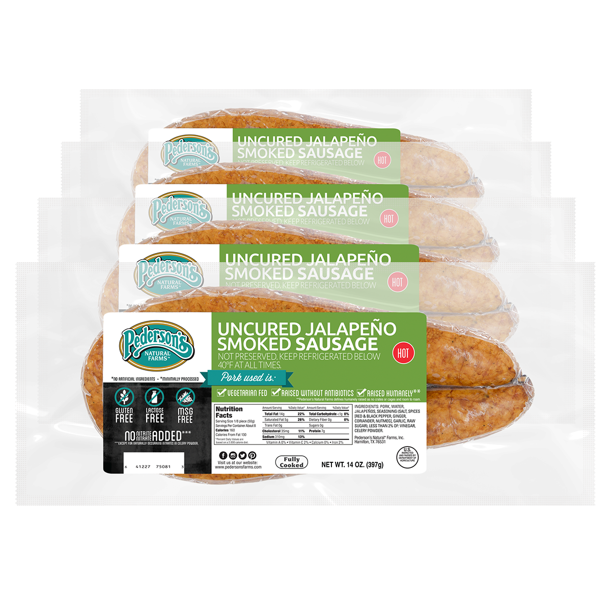 Pack of four uncured jalapeno smoked sausage links with labeling showing the product name and nutritional information.