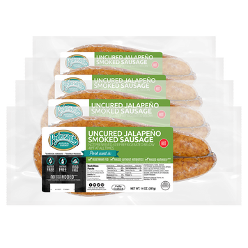 Pack of four uncured jalapeno smoked sausage links with labeling showing the product name and nutritional information.