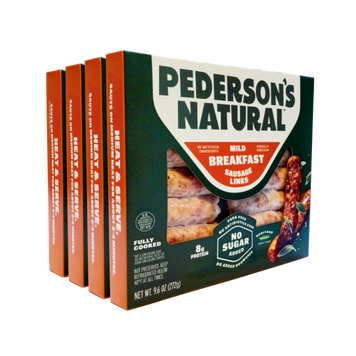 Four boxes of Pederson's Natural Mild Breakfast Sausage Links arranged in a stack on a white background.