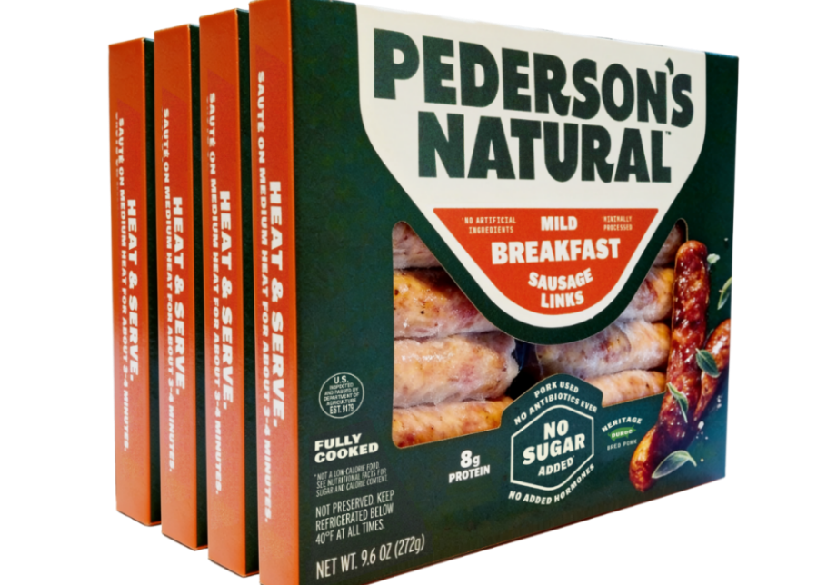 Four boxes of Pederson's Natural Mild Breakfast Sausage Links arranged in a stack on a white background.