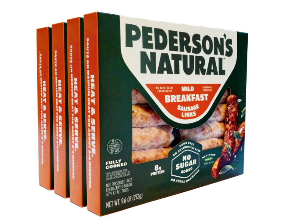 Four boxes of Pederson's Natural Mild Breakfast Sausage Links arranged in a stack on a white background.