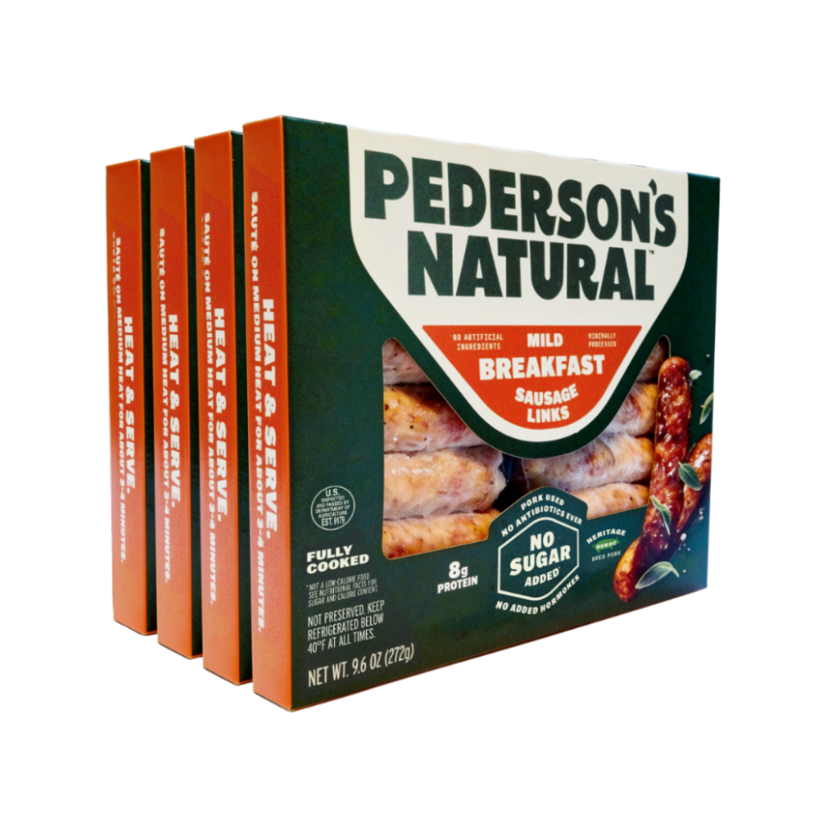 Four boxes of Pederson's Natural Mild Breakfast Sausage Links arranged in a stack on a white background.