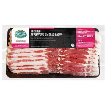 Apple wood smoked bacon package image with bacon inside, and pink/black/white label