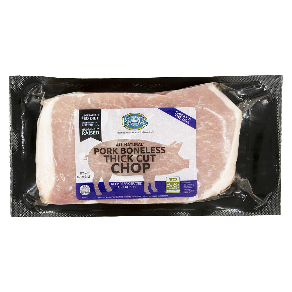 1 package of Pederson's Farms All Natural, Duroc-sired Boneless Thick Cut Pork Chops