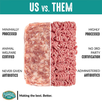 Unpackaged raw Pederson's ground pork is shown compared to highly processed ground pork. 