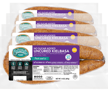 No Sugar Added Kielbasa infinity package image with sausage inside and purple/white/black label