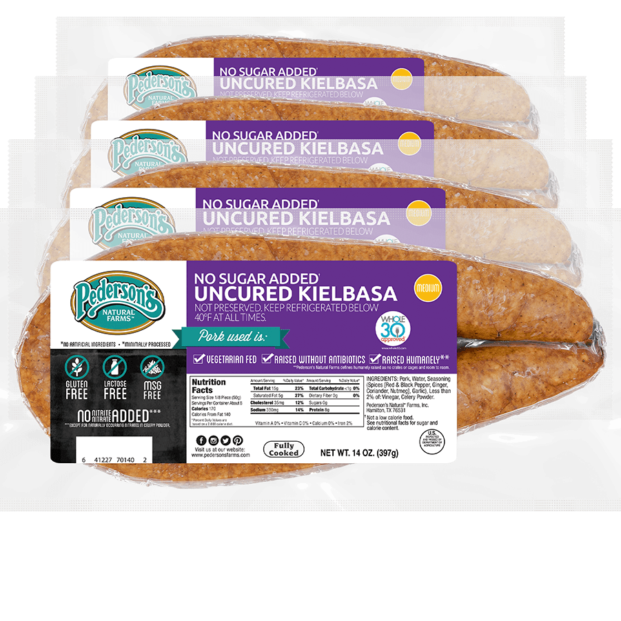 No Sugar Added Kielbasa infinity package image with sausage inside and purple/white/black label
