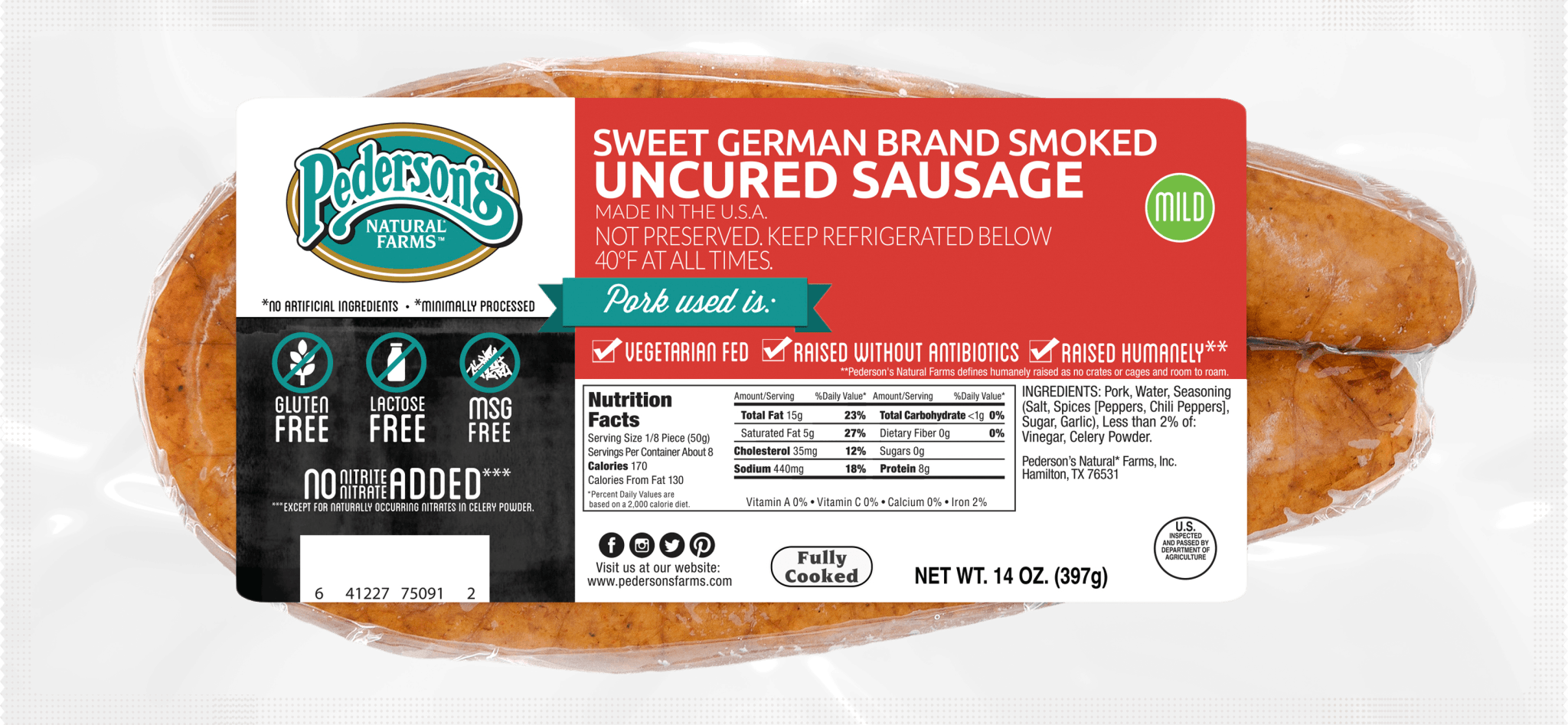 Sweet German Brand Smoked Uncured Sausage  - Pederson's Natural